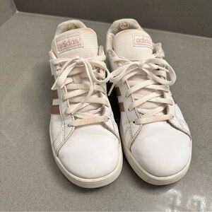 Adidas White Sneakers with Pink Stripes